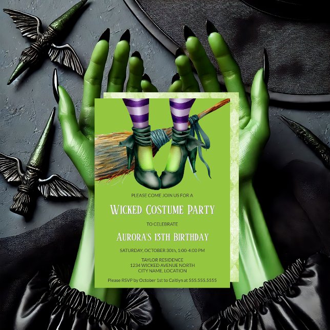 Wicked Witch Costume Party Invitation (Green wicked witch party invitation front and some back invitation view.)