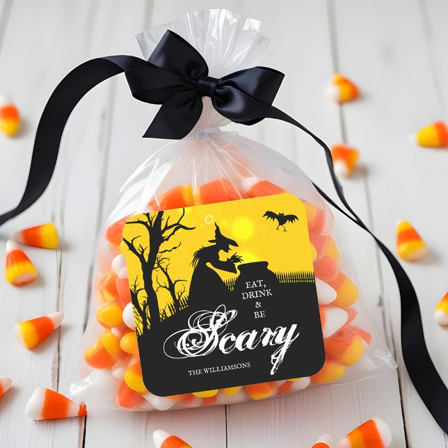 Wicked Witch Silhouette Halloween Square Sticker (Wicked witch silhouette Halloween 3" square stickers)