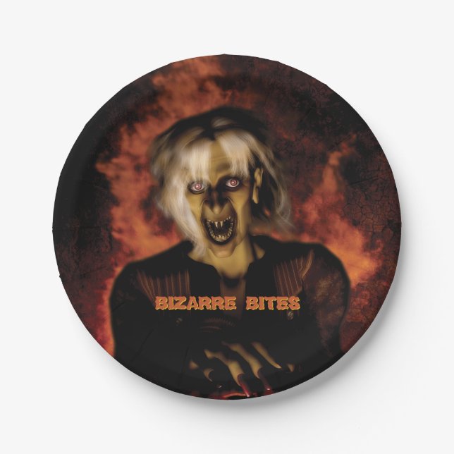 Wicked witch with pumpkin. Halloween Paper Plate (Front)