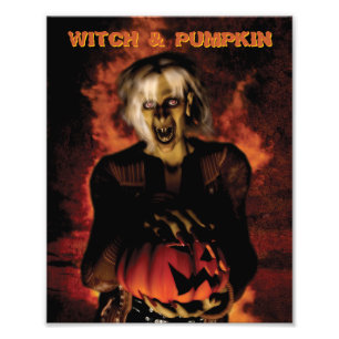 Wicked witch with pumpkin. Halloween Photo Print