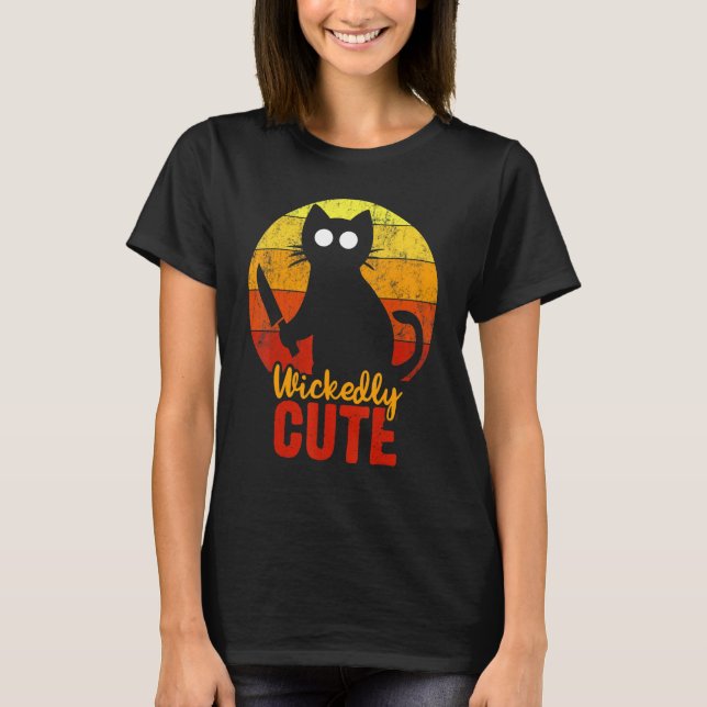 Wickedly Cute Cat With Knife Halloween Gory T-Shirt (Front)