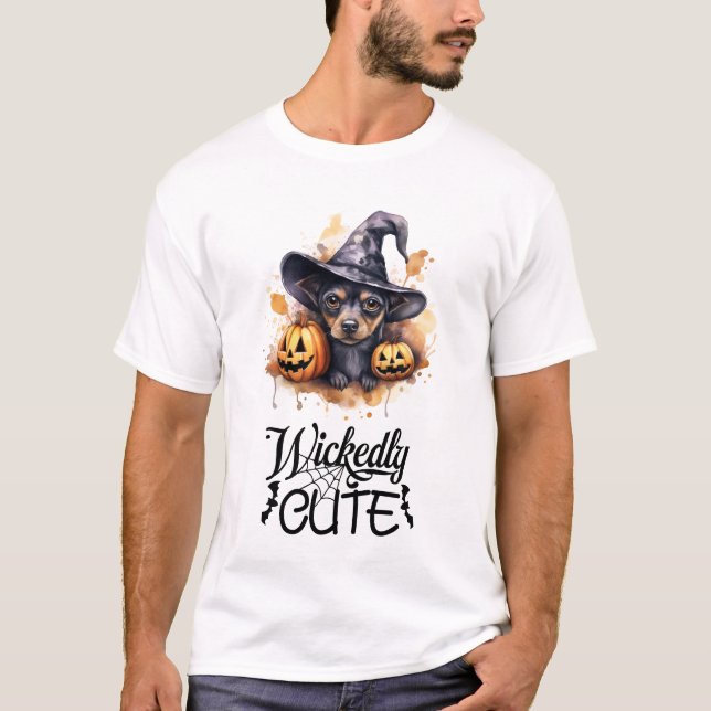 Wickedly Cute Dachshund Witch T-Shirt (Front)