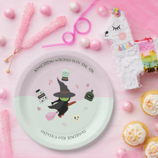 Wickedly Cute Green Witch Halloween Birthday Paper Plate