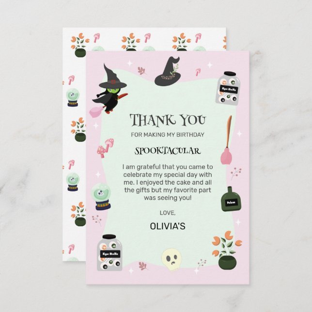  Wickedly Cute Green Witch Halloween Birthday Thank You Card (Front/Back)