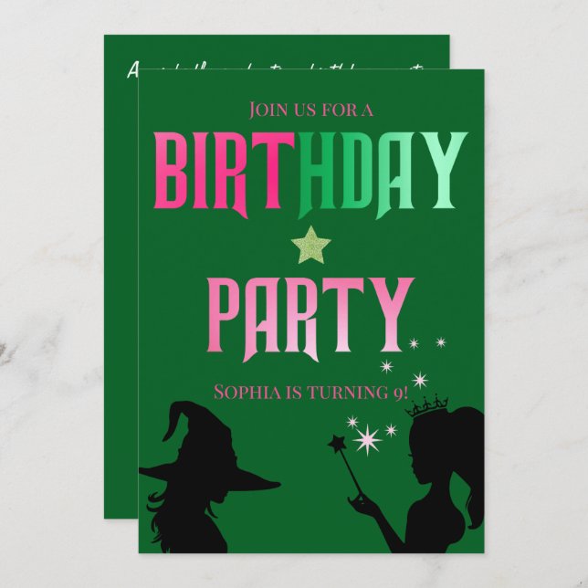 Wickedly Fun Birthday Party Green Pink Glinda Invitation (Front/Back)
