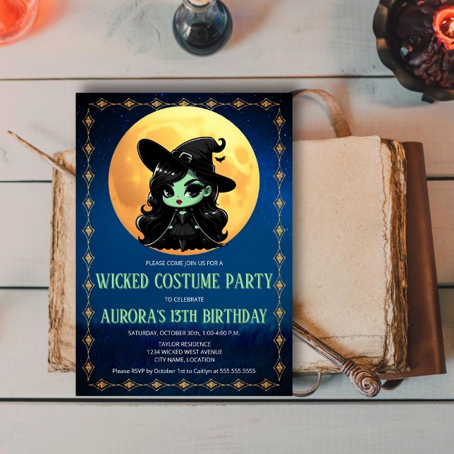 Wickedly Fun Green Witch Halloween Birthday Invitation (Wicked green witch elegant costume / birthday party invitation for kids or adults; front view.)