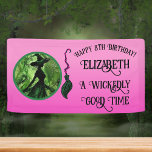 Wickedly Good Witch Green & Pink Any Age Birthday Banner<br><div class="desc">Painted Wickedly Good Witch Any Age Green & Pink Birthday Party Banner - This birthday party banner features a green and black painting of a witch in an enchanted forest, with a pink, green and black witch's broom. Vintage style font in sleek black. Edit this birthday party banner template with...</div>