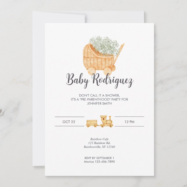 Wicker and Wood Baby - Grey Invitation (Front)