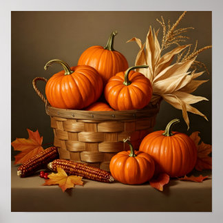 Wicker Basket and Pumpkin- Rustic Farmhouse  Poster