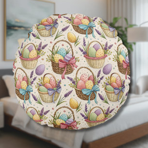 Wicker Basket Easter Eggs with Lavender Round Cushion
