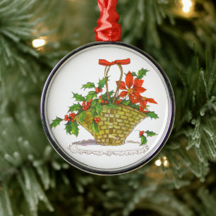 Wicker Basket of Poinsettias Metal Tree Decoration