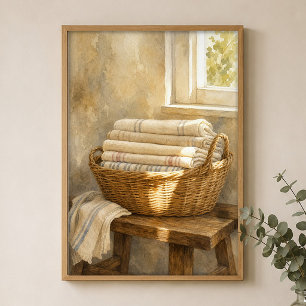 Wicker Basket with Linens Watercolour Poster