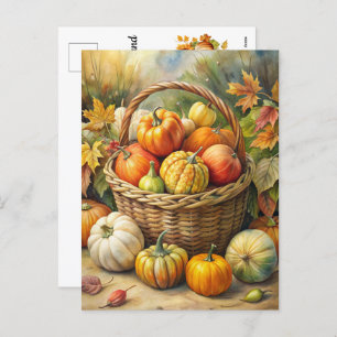 Wicker Basket with Pumpkins - Welcome Fall Holiday Postcard