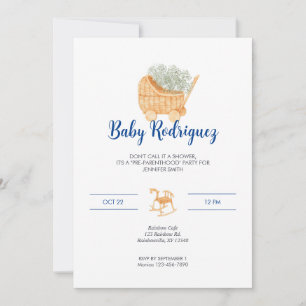 Wicker Carriage & Rocking Horse Baby - Blue Invitation