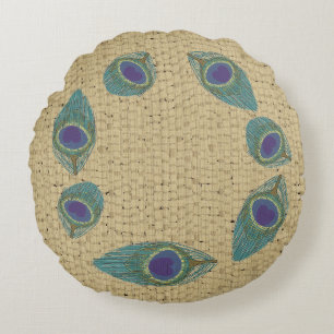 wicker weave peacock feather Round Pillow