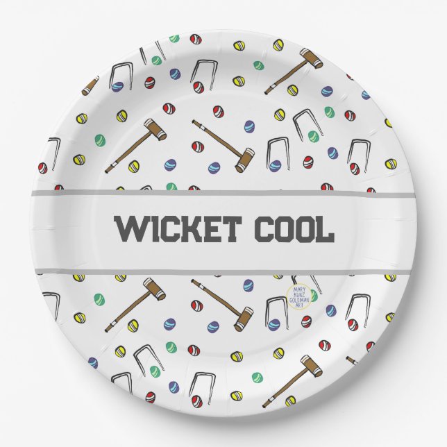 Wicket Cool Croquet Pun Hand-Illustrated Unique Paper Plate (Front)