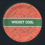 Wicket Cool Cute Croquet Hand-Illustrated Orange Paper Plate<br><div class="desc">This hand-illustrated orange Wicket Cool croquet paper plate set features a bold red-orange background with crisp forest green accents, centered around the witty pun 'Wicket Cool' in eye-catching lettering—perfect for adding a touch of whimsy to your next lawn game party. I drew all these mallets, wickets, and balls myself. They...</div>