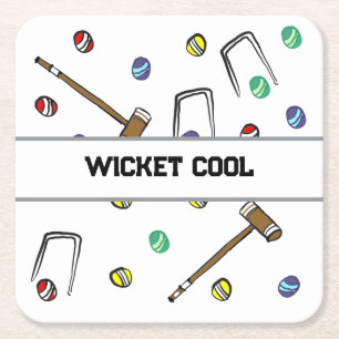 Wicket Cool Funny Hand-Illustrated Orange Croquet Square Paper Coaster