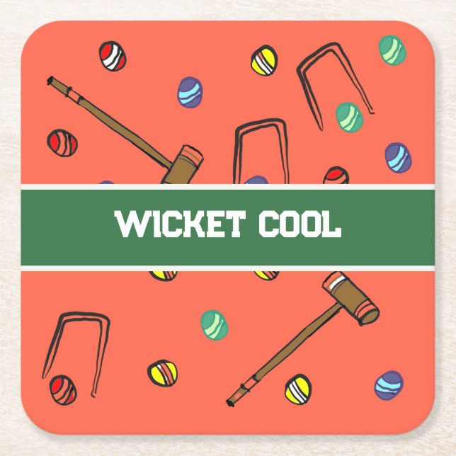 Wicket Cool Funny Hand-Illustrated Orange Croquet  Square Paper Coaster (Front)