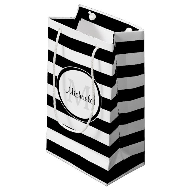 Wide Black and White Stripes and Casual Name Small Gift Bag (Front Angled)