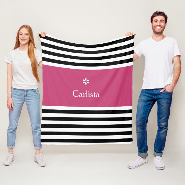 Wide Black Horizontal Stripes Dark Pink Name Daisy Fleece Blanket (In Situ)
