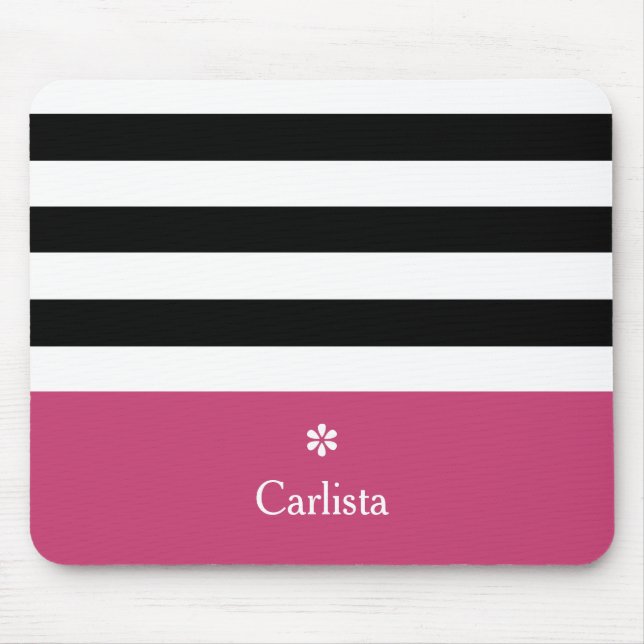 Wide Black Horizontal Stripes Dark Pink Name Daisy Mouse Pad (Front)