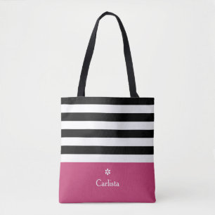 Wide Black Horizontal Stripes Dark Pink Name Daisy Tote Bag