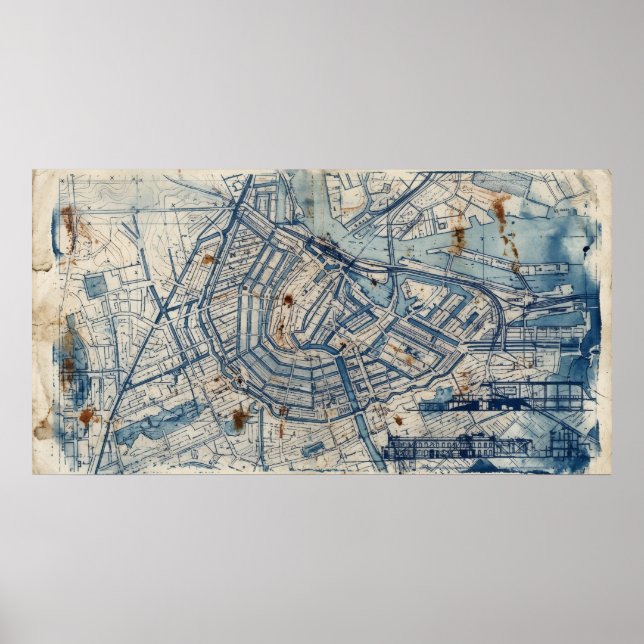 Wide Blue Abstract Map Lines Poster (Front)