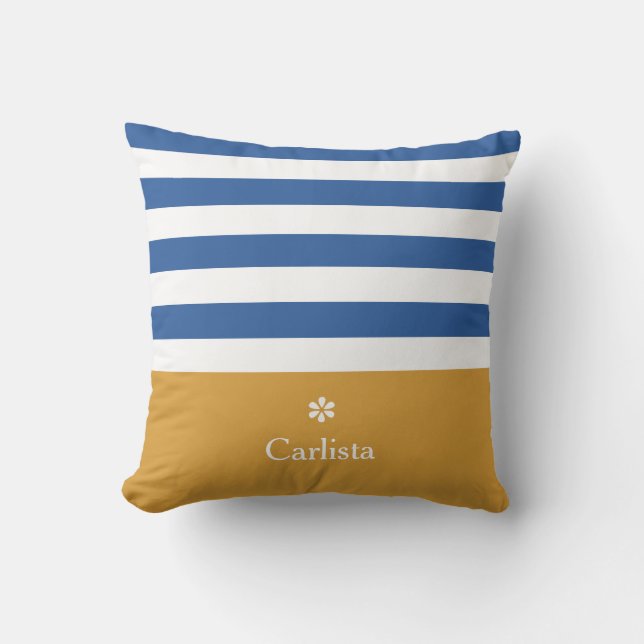 Wide Blue Horizontal Stripes Gold Name and Daisy Cushion (Front)