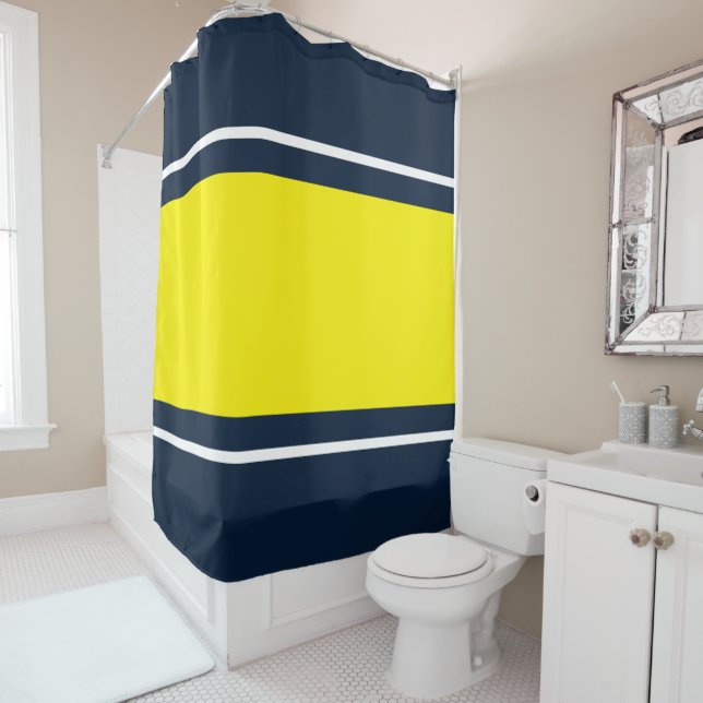 Wide Bright Yellow White Racing Stripes On Navy Shower Curtain (In Situ)