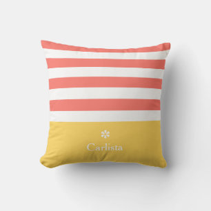 Wide Coral Horizontal Stripes Yellow Name Daisy Cushion