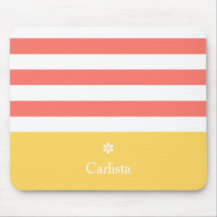 Wide Coral Horizontal Stripes Yellow Name Daisy Mouse Pad