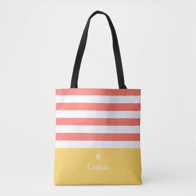 Wide Coral Horizontal Stripes Yellow Name Daisy Tote Bag (Front)