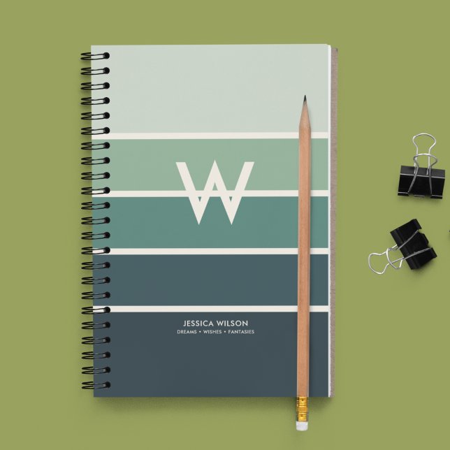 Wide Deep Green Gradient Striped Monogram Personal Notebook (Creator Uploaded)