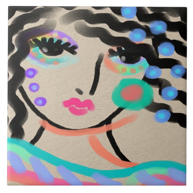 Wide Eyed Abstract Digital Portrait of a Woman Tile (Front)