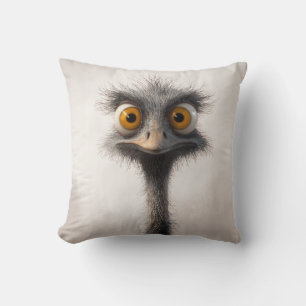 Wide-Eyed Ostrich Cartoon Portrait Cushion
