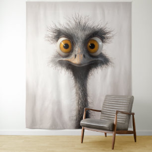 Wide-Eyed Ostrich Cartoon Portrait Tapestry