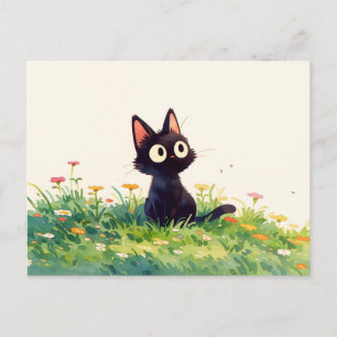 Wide Eyed Watercolor Kawaii Black Cat Postcard