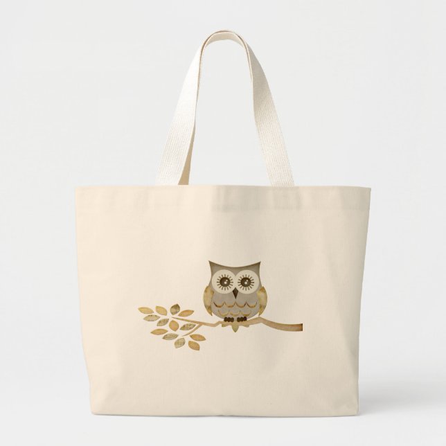 Wide Eyes Owl in Tree Large Tote Bag (Front)