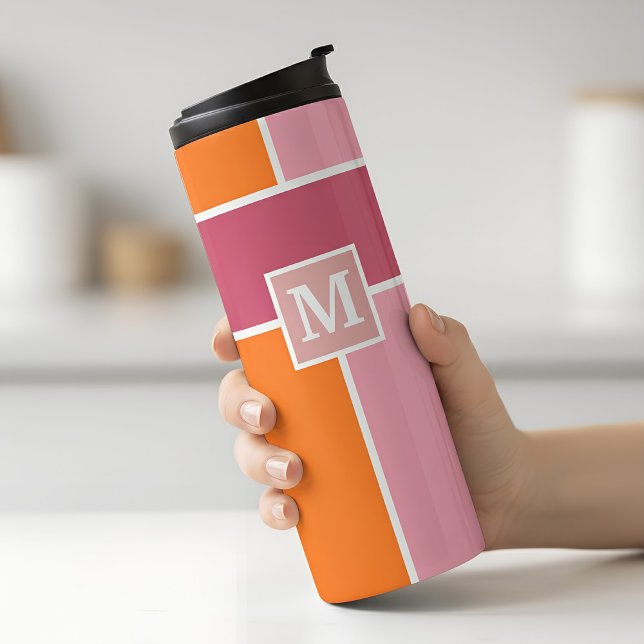 Wide Feminine Stripes with Monogram Thermal Tumbler (tumbler in pink and orange with monogram)