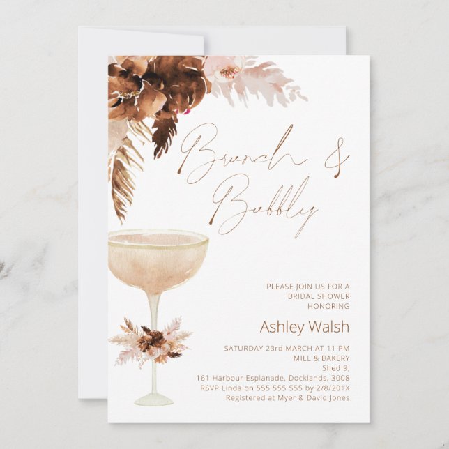 Wide Glass Boho Floral Brunch Bubbly Bridal Shower Invitation (Front)