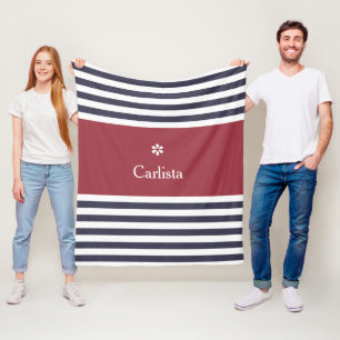 Wide Navy Blue Horizontal Stripes Red Name Daisy Fleece Blanket
