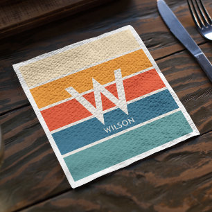 Wide Retro Striped Monogram Personal Party Napkin