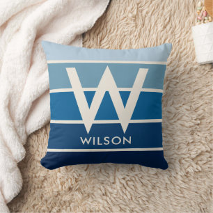 Wide Rich Blue Gradient Stripe Monogram  Cushion