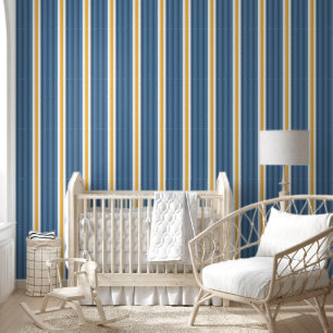 Wide Saffron Mango, Dusty Blue and White Stripes Wallpaper