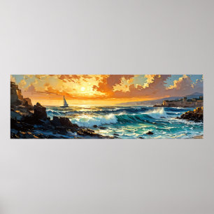 Wide Seascape Mediterranean Golden Sunset Poster