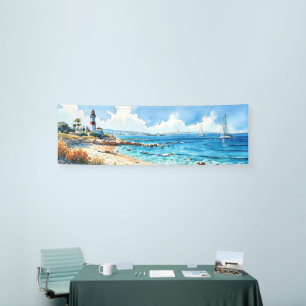 Wide Seascape Mediterranean Lighthouse and Yachts Banner