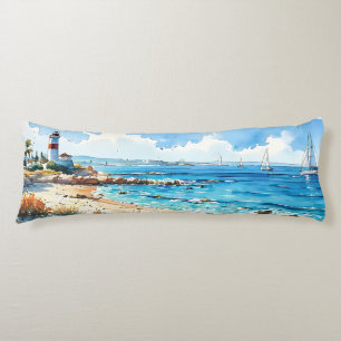 Wide Seascape Mediterranean Lighthouse and Yachts Body Cushion