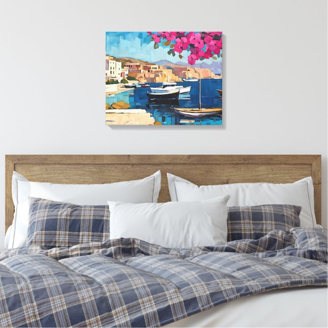 Wide Seascape Mediterranean Tranquil Harbour Canvas Print (Insitu(Bedroom))
