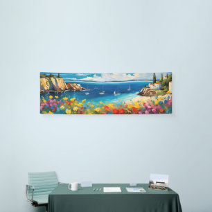 Wide Seascape Mediterranean Yachts and Flowers Banner